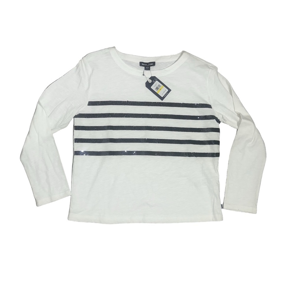 Nautica Womens Med Long Sleeve Cotton Sequined Stripe Top MSRP $59 NWT‎ Nautical